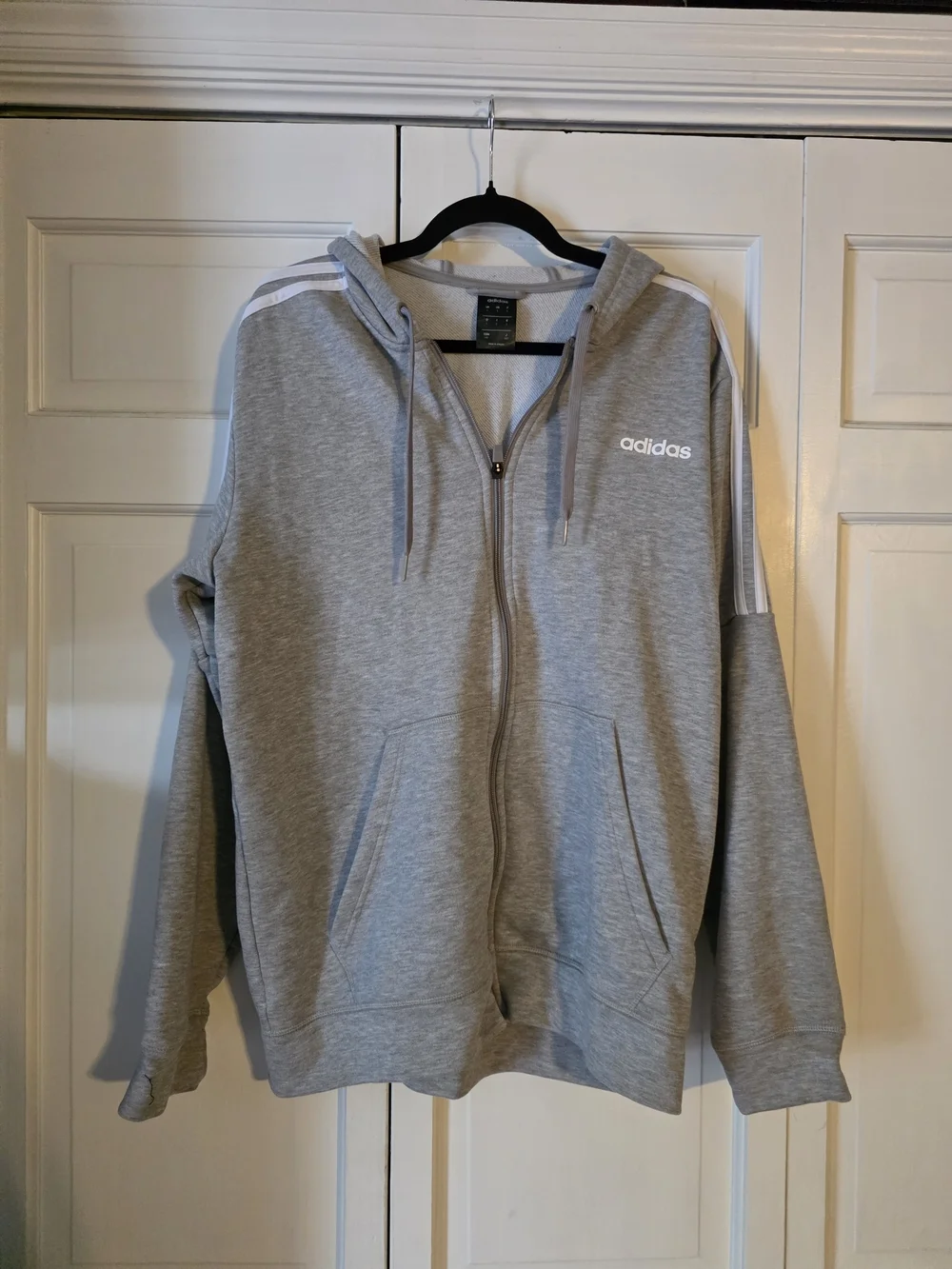 adidas Essentials 3-Stripes Full Zip Hoodie | Size Large | Heather Gray